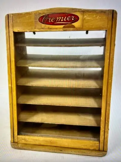 VINTAGE DISPLAY CASE "PREMIER" STENCILED HEADER GLASS + WOOD, View more