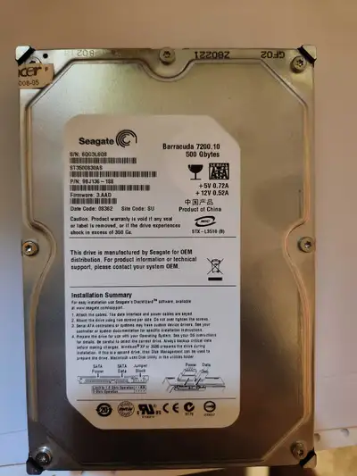 Good condition 500gb Sata Hard Drive 3.5 inch for a desktop computer or external hard drive. Very li...