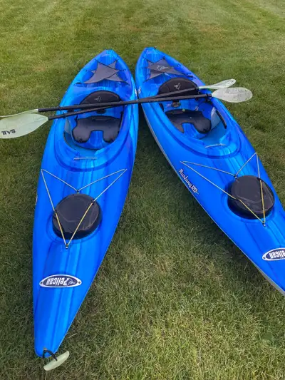 Selling two gently used Pelican 10ft Mustang 120x Kayaks. Comes with Carbon Fiber Paddle. Well taken...