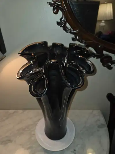 16"T Murano Art Glass Tall Ruffled Handmade Vase Black Bronze, View more