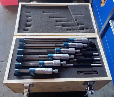 Micrometer set in wooden case, View more