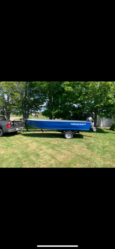18’ princecraft with a 20hp Yamaha 2 stroke and trailer included. Motor runs great and push’s boat r...