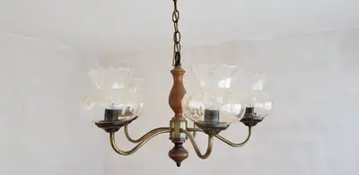Vintage 5-Light Brass & Wood Chandelier, View more