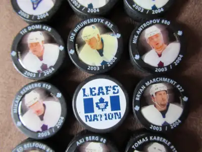 Collectible Toronto Maple Leaf 2003/2004 Mini Pucks Various Players on one side and the logo on the...