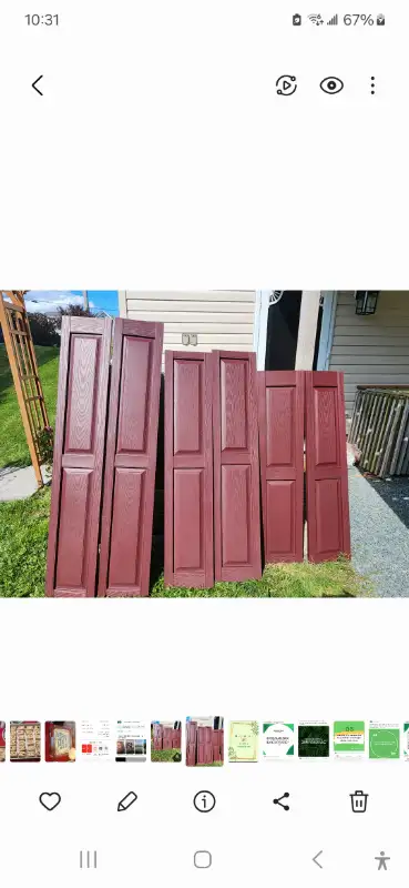 Seven pairs of shutters, still in boxes. 2 pairs- 12"X67" 2 pairs- 12"X59" 3 pairs- 12"X51" Colour:...
