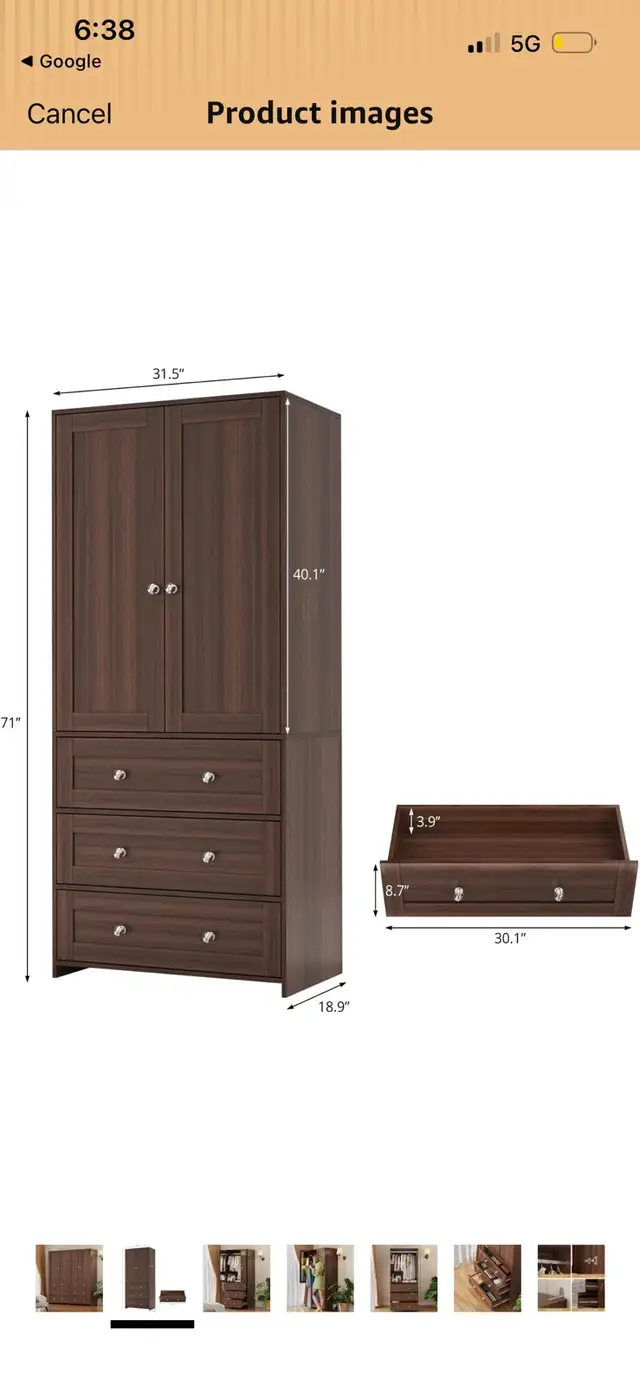 New Wooden Wardrobe Armoire with 3 Drawers in Dressers & Wardrobes in Mississauga / Peel Region - Image 2