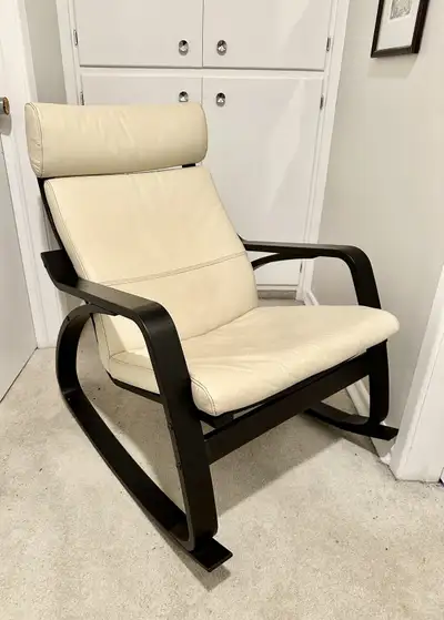 IKEA POÄNG leather rocking chair, brown wood/Glose off-white leather Preowned. Was never used, just...