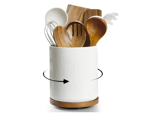 White Porcelain Utensil Crock with Rotating Wooden Base in Kitchen & Dining Wares in Ottawa - Image 2