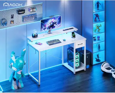 AODK Gaming Desk with Monitor Shelf and LED Lights, View more