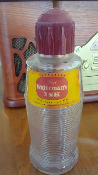 Empty, Tall Glass Carnation Red Waterman's Ink Bottle, 14 Oz., View more