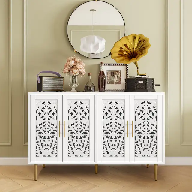 47.8" White 4-Door Vintage-Style Hollow Carved Accent Cabinet in Hutches & Display Cabinets in Markham / York Region - Image 9