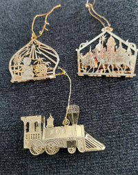 3 Vintage Brass Nativity and Train Christmas Ornaments