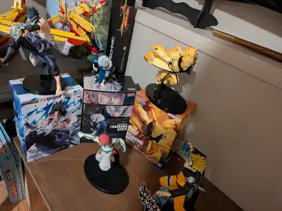 10 bucks each for Funko pops For the big figures Both Naruto ones are 25 each Sasuke 20 Akaza 20 Tob...