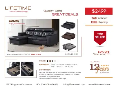 Item No. LA 5105 WAS $3399 NOW $2499 Colors Available: Black, Brown, white and Grey Dimension: 2 Sea...
