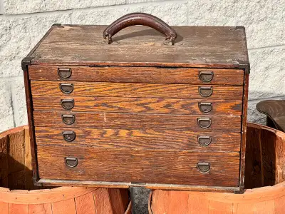 VINTAGE WOODEN 6 DRAWER TOOL CABINET + LEATHER GRIP, View more