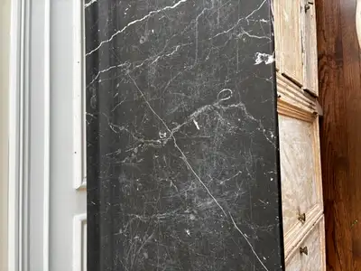 Premium black marble slab with white veining. Valuable material. 90" long x 19.5" wide. In one piece...