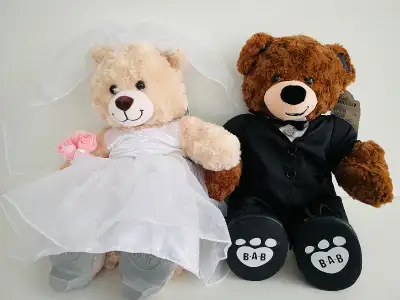 Teddy Bear, Groom and Bride gift set. Included Black Tuxedo, White Dress and two shoes. New conditio...