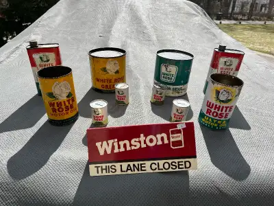ASSORTED VINTAGE ICONIC WHITE ROSE OIL GAS AUTO CANS, View more