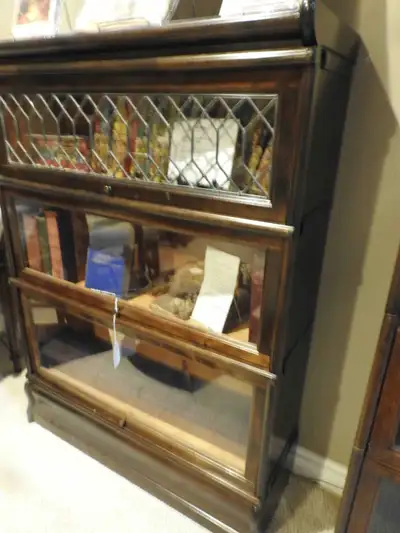 3 level antique barrister bookcase, lead window , restored, View more