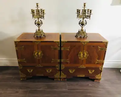 Pair of 1960s Burl Wood Asian Nightstands, large side tables, View more