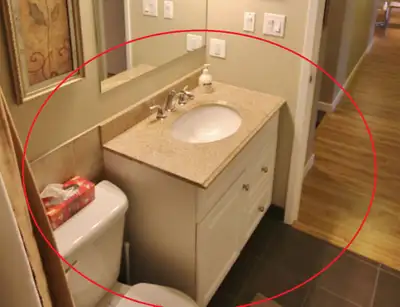 Bathroom counter, sink, faucet and cabinet, View more