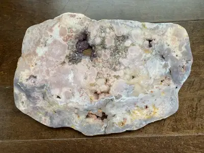 Large pink flower agate / chalcedony slab with sparkling druzy quartz pockets. Soft blush tones, pol...