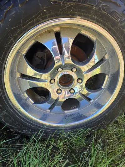 Off a 2006 Denali have no idea the make but still clean up nicely tores have about 15 percent tread...