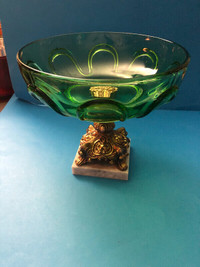 Vintages Ornate Green Glass Compote Bowl with brass marble base.