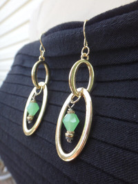 Double Gold Hoop and Green Bead Earrings