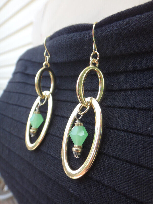 Double Gold Hoop and Green Bead Earrings in Jewellery & Watches in Thunder Bay