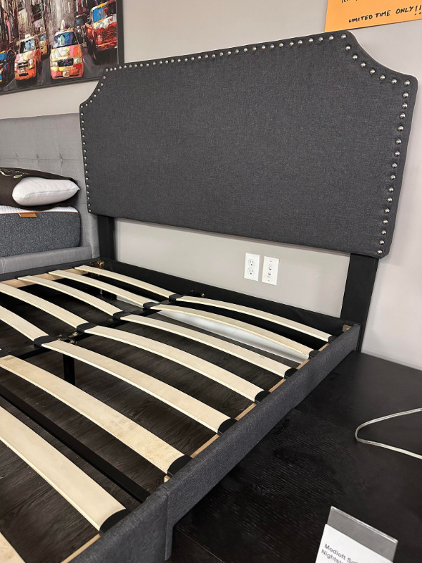 Dark Grey Linen Upholstered Platform Bed with Nailhead Trim in Beds & Mattresses in Kamloops - Image 4