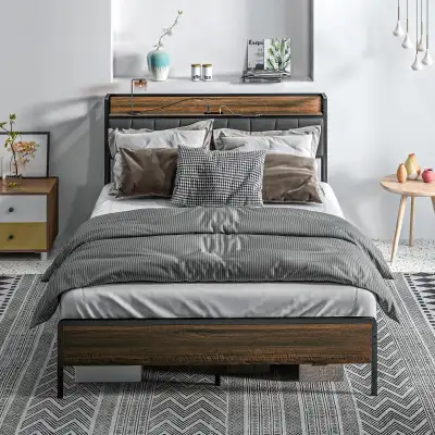 Walnut queen Size Bed Frame with Charging Station, View more
