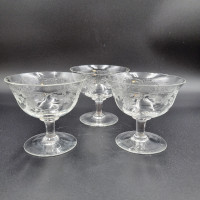 Vintage Dessert Dish Bowl Footed Clear Etched Thin Glass Set Of