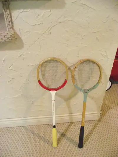 Two wood classic squash rackets from the MAAA club in Montreal. Still strongly strung with no cracks...