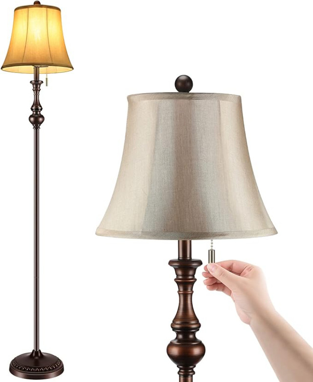 Floor Lamp, Vintage Pole Lamp with Light Golden Fabric Shade: in Indoor Lighting & Fans in Ottawa