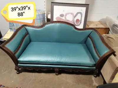 Antique King Philip settee turquiose , leather upholstry, View more
