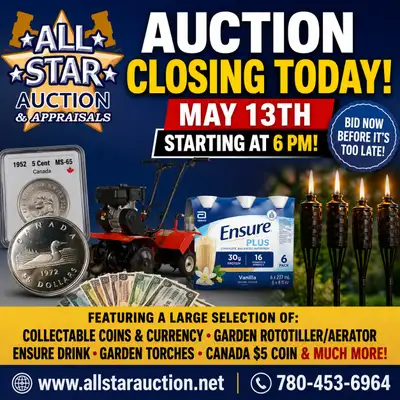 EDMONTON:  Timed Online Weekly Auction - May 13th @ 6 pm, View more
