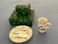 Christmas small  plates with matching mugs ( 12 sets all in box)