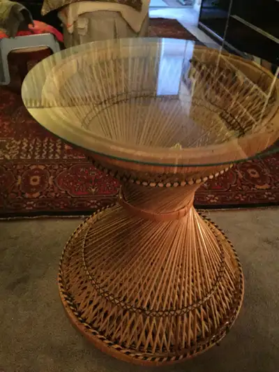 VTG 70s Rattan Bohemian Hourglass Wicker Side Table with Glass, View more