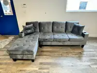 Brand New 2 Pc Sectional Sofa with Cup Holder Grey Velvet Sale