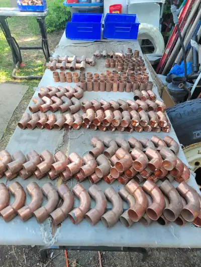 Copper S/L ftg's, never used, retired now, 180 pieces of 1" ftg's, 55 pieces of 1 1/4" to 2"ftgs ($4...