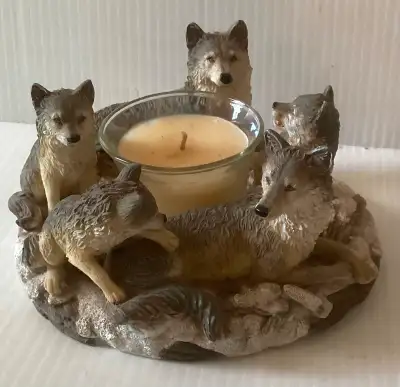 Wolf Pack Family Circle Votive Candle Holder: This heavy resin piece has no manufacturer’s mark. It...