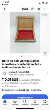 Boîte en bois antique vintage Damas incrustée coquille bijoux  dans Art et objets de collection  à Laval/Rive Nord - Image 3