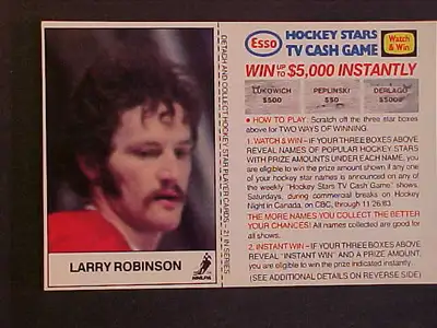 THIS HOCKEY CARD FEATURES ONE OF THE MOST ICONIC MONTREAL CANADIENS PLAYERS OF ALL TIMES, LARRY ROBI...