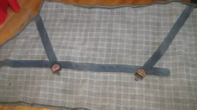 ** Light grey blue plaid,with leather straps, around 1940-50's. ** Beautiful ink stamped trade mark...