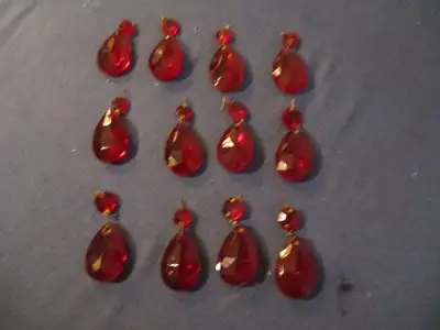 12 VINTAGE RUBY RED CRYSTAL GLASS CHANDELIER PRISMS & OCTAGONS!, View more