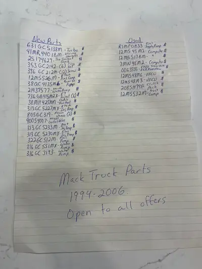 Assortment of Mack truck parts for years 1994-2006