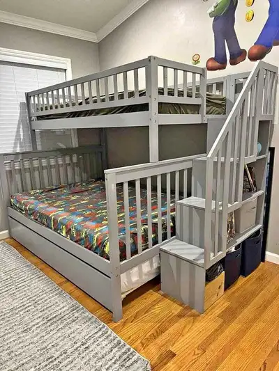 Grey Twin over Full Bunk Bed with Stairs & Trundle - Solid Wood, View more