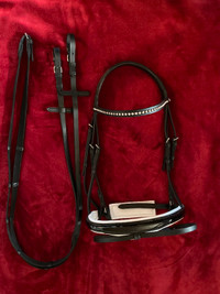 Brand New Snaffle Bridle - Black Leather with Rhinestones