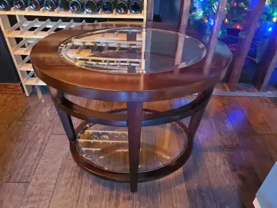 Round Glass Accent Table with Beveled Glass Top – Dark Wood, View more